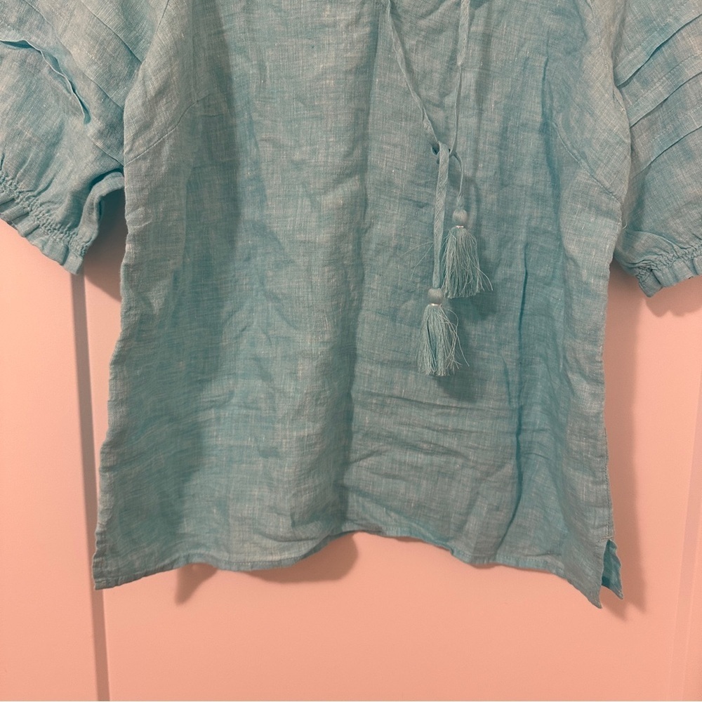 Talbots Aqua Blue Linen Peasant Tunic With Pleated Sleeves Size SP Women’s NWT - Picture 6 of 14